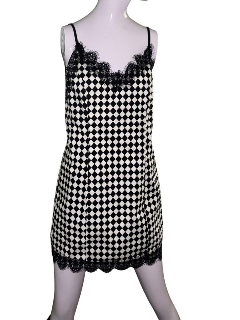 Eggie Black and White Checkered Dress with Lace trim